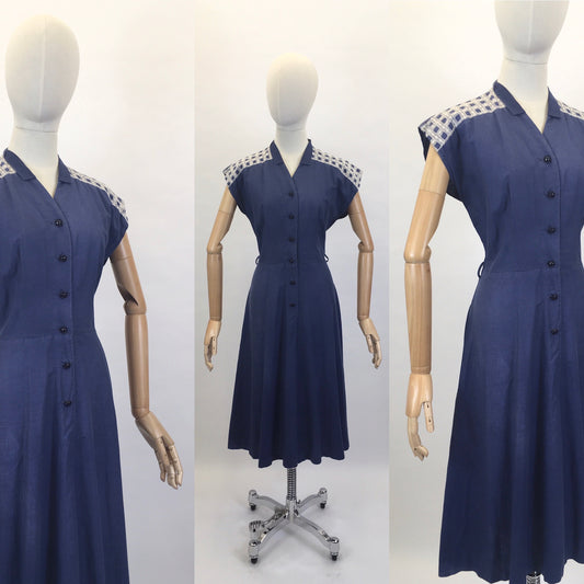 Original Early 1950’s Navy Cotton Dress - With Embroidered Detailing To The Shoulders