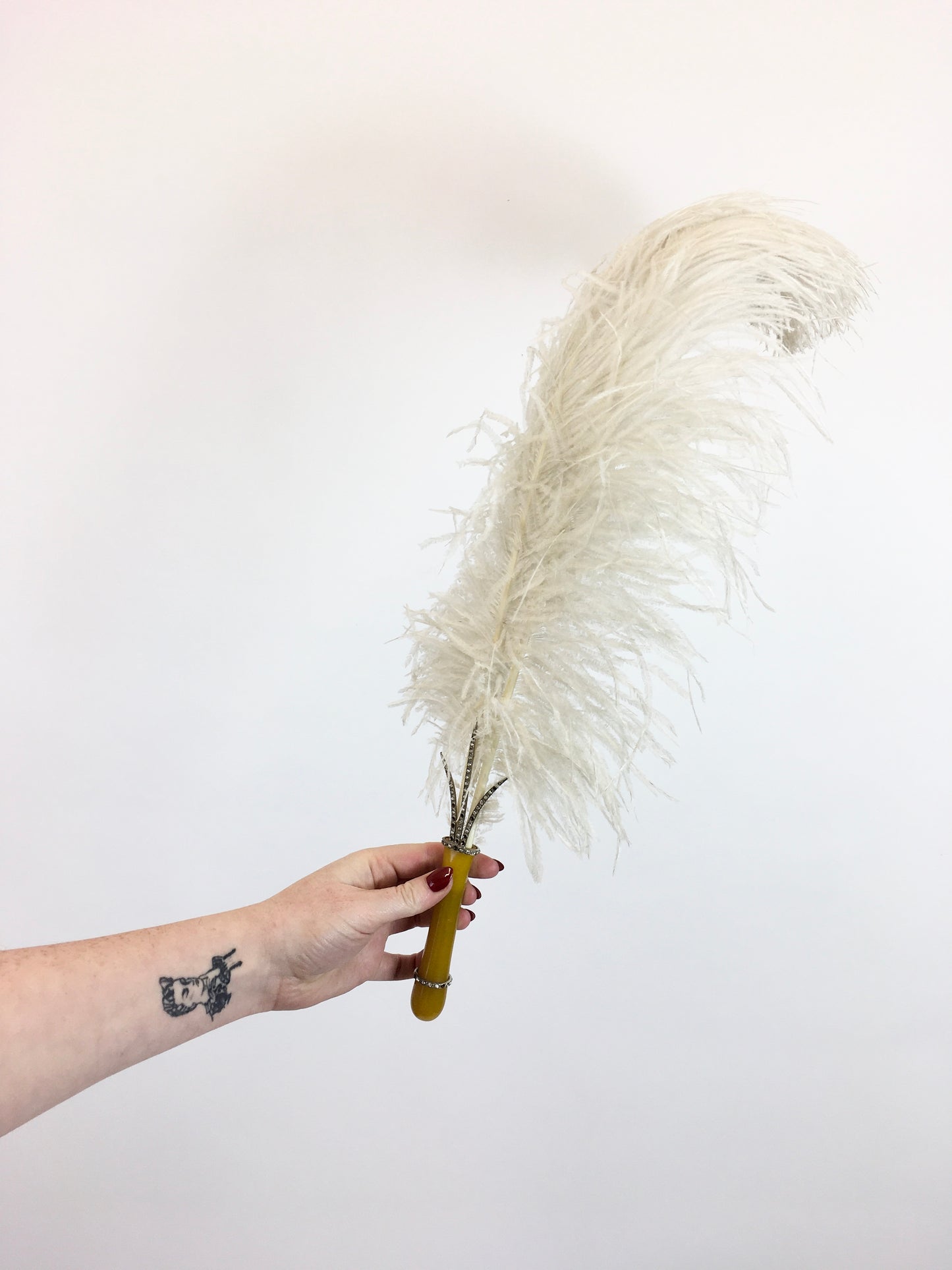 Original 1920's Fabulous Single Feather Plume with Encrusted Early Plastic Handle - Worn in 1926 To a Brides Evening Celebration