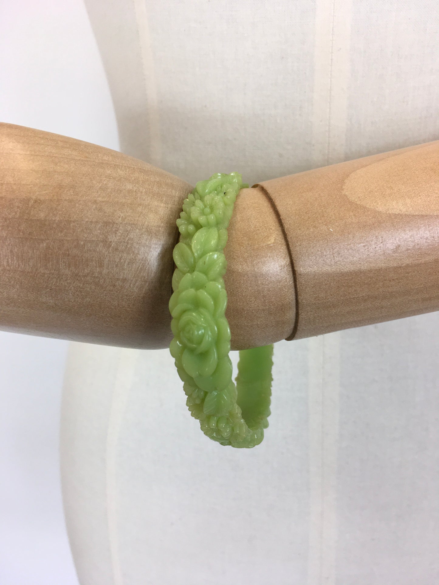 Original 1930’s Carved Floral Celluloid Bangle - In Deco Green