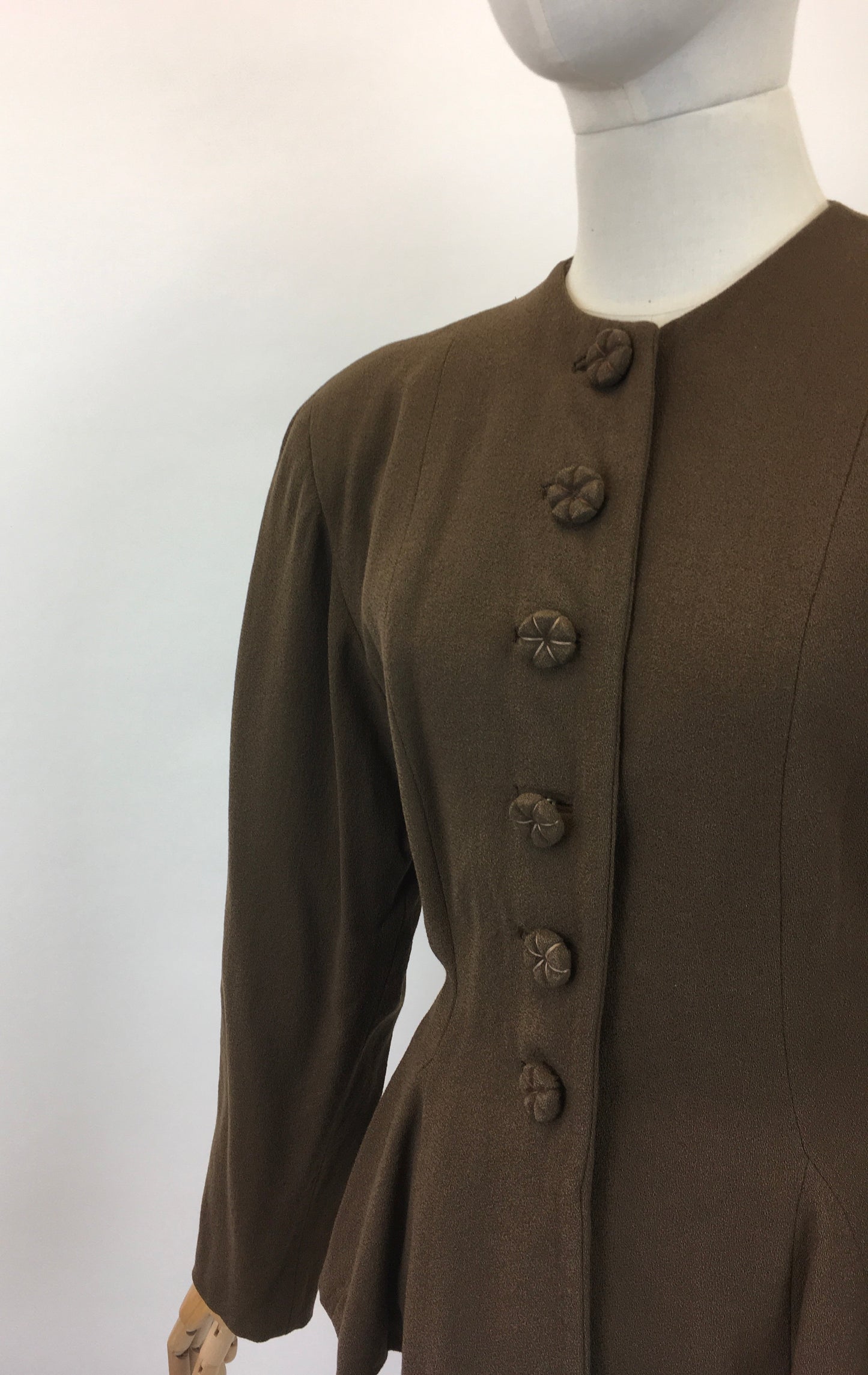 Original 1940's Stunning Crepe Jacket With Peplum - In Chocolate Brown with Flower Petal Buttons