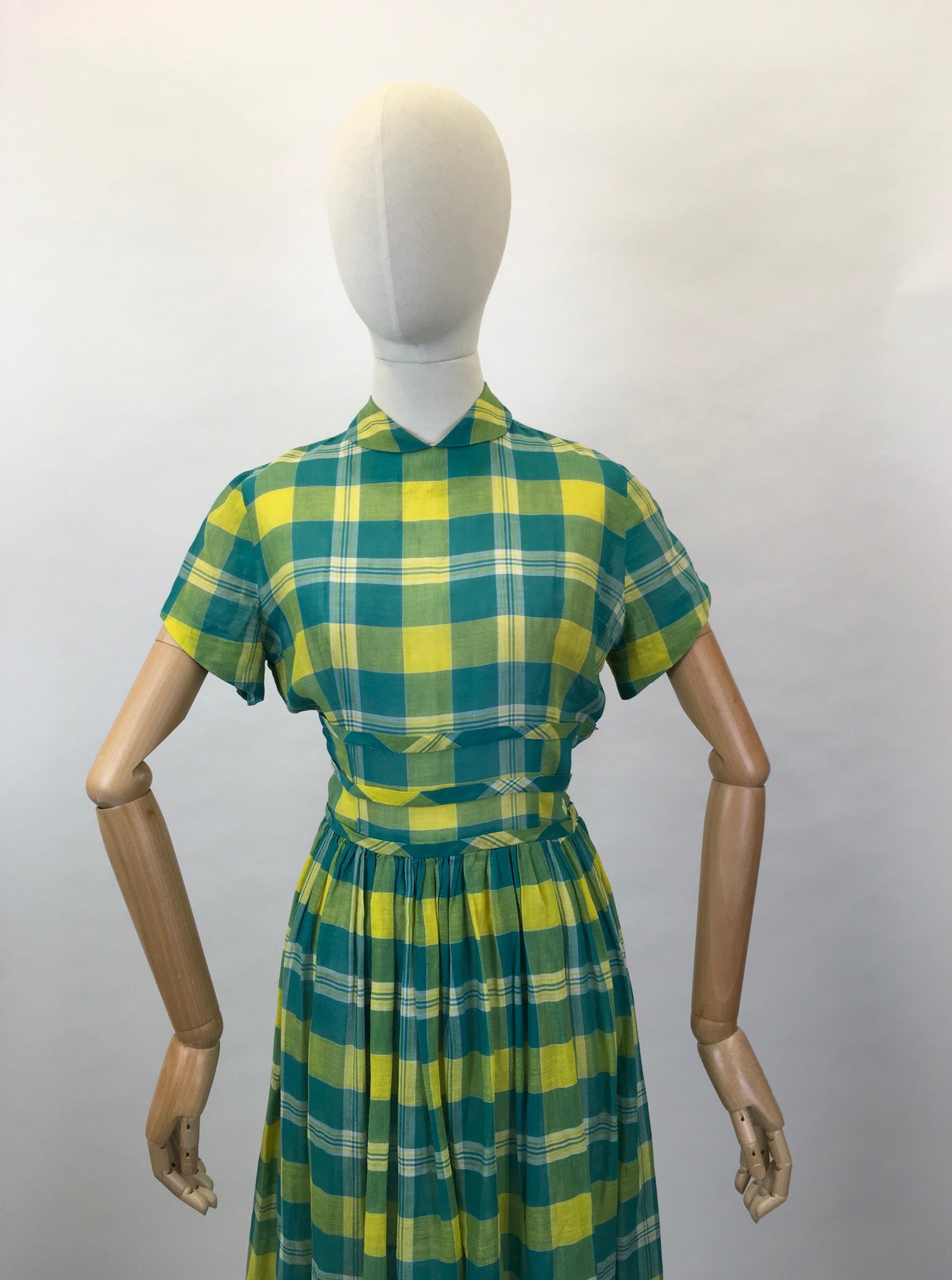 Original Early 1950s Cotton Lawn Day Dress - In a Beautiful Vivid Green and Yellow Plaid