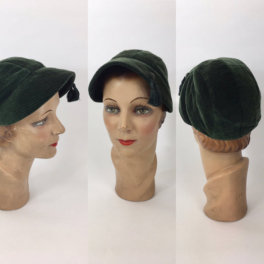 Original 1930’s Fabulous Sportswear Hat - In A Divine Rich Green Velvet with Tassel