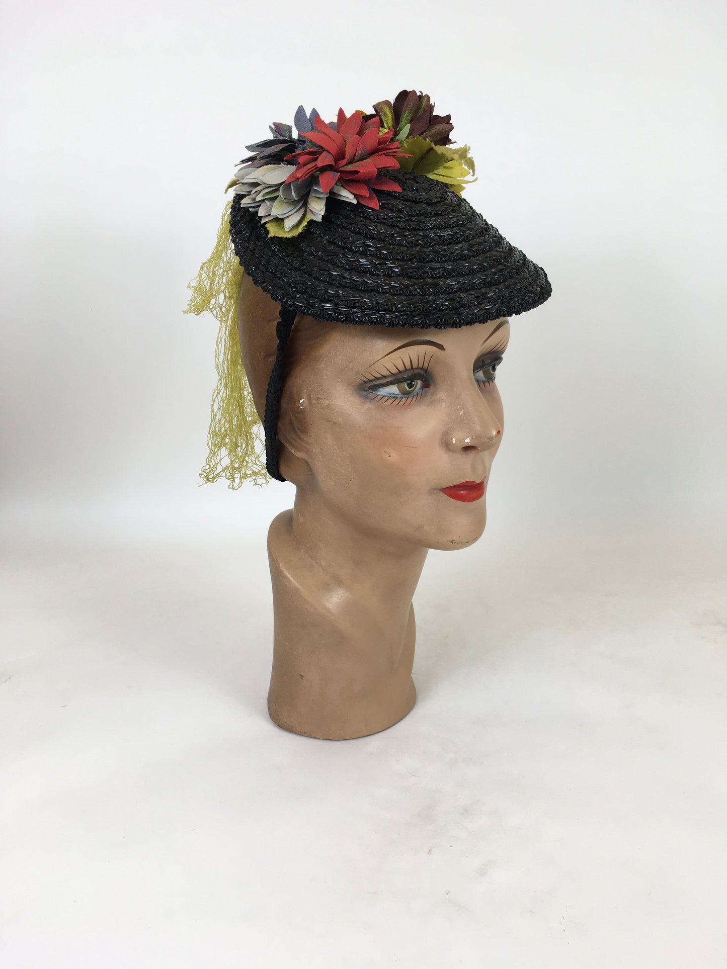 Original 1940's Fabulous Black Topper Tilt Hat - With Pops Of Chartreuse, Red, Lilac & Amber