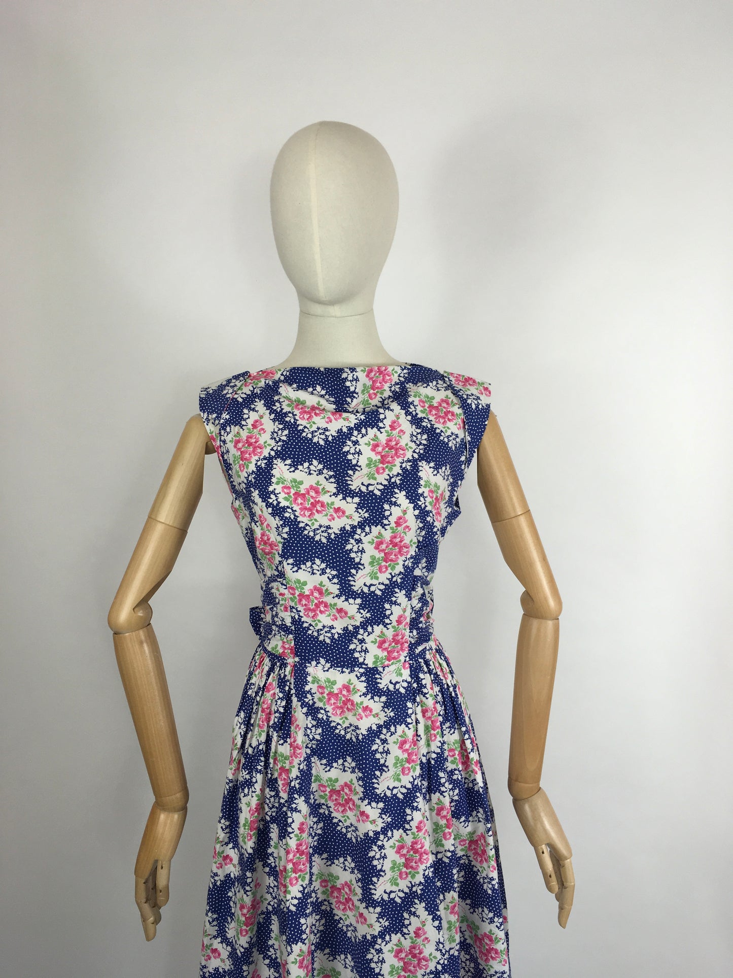 Original 1950s Darling Floral Day Dress - In a Beautiful Crisp Cotton in Rich Blue, Powder Pinks, White and Grassy Green.