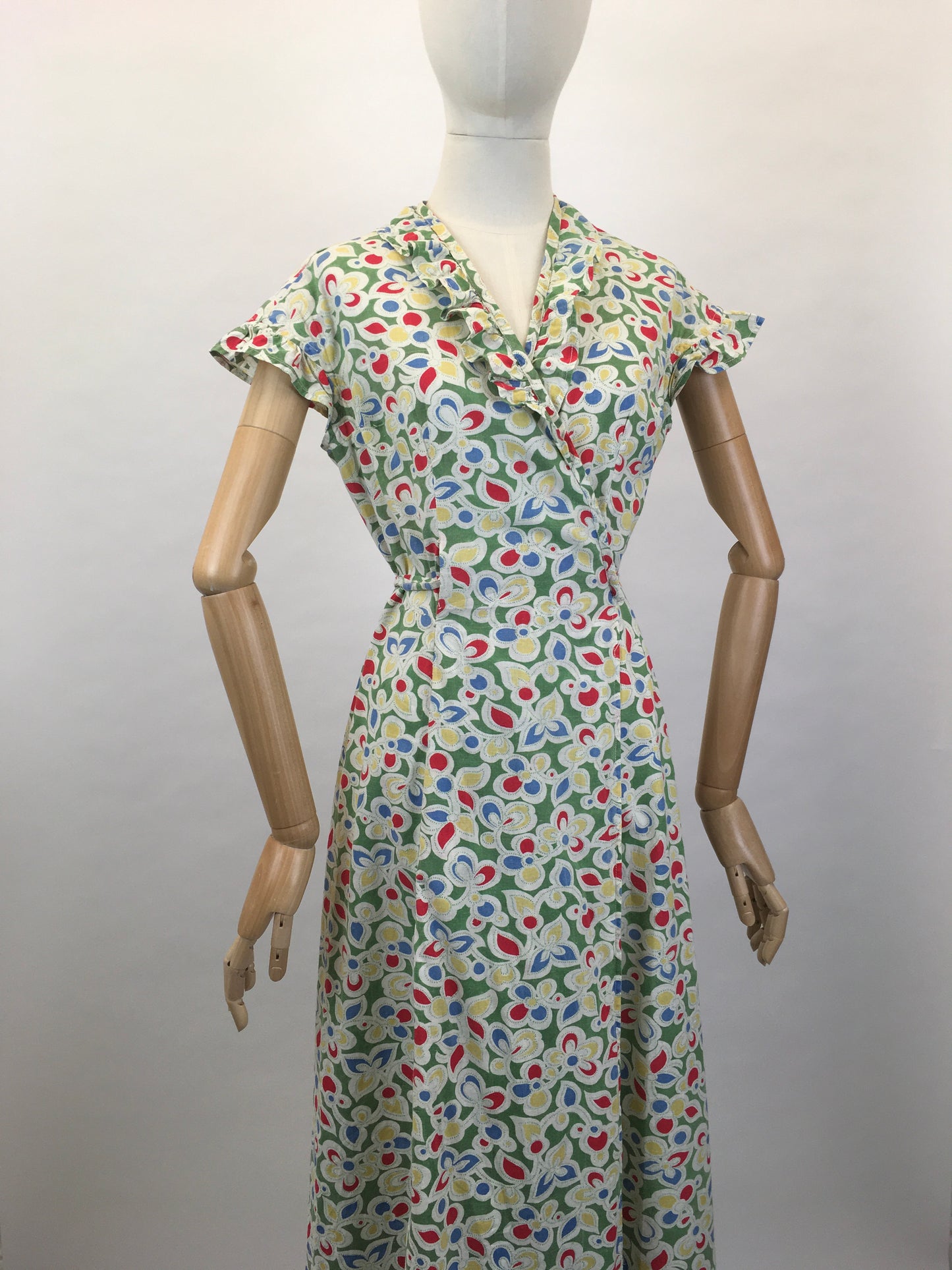 Original Late 1930s Early 1940’s Wrap Dress - In A Beautiful Colour Palette of Deco Green, Yellow, Red and Blue
