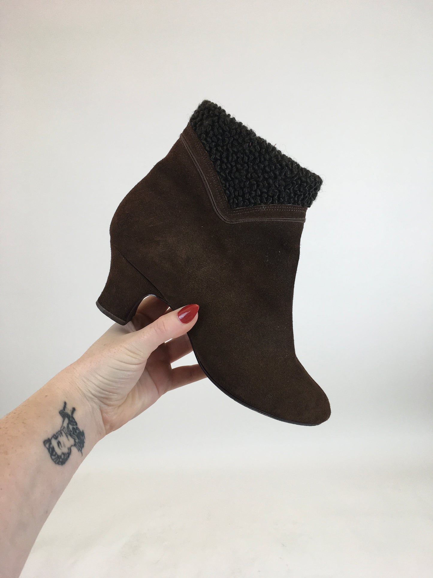 Original 1940's Fabulous ' Norvic' Heeled Boots - In Brown Suede With Fleece Lining