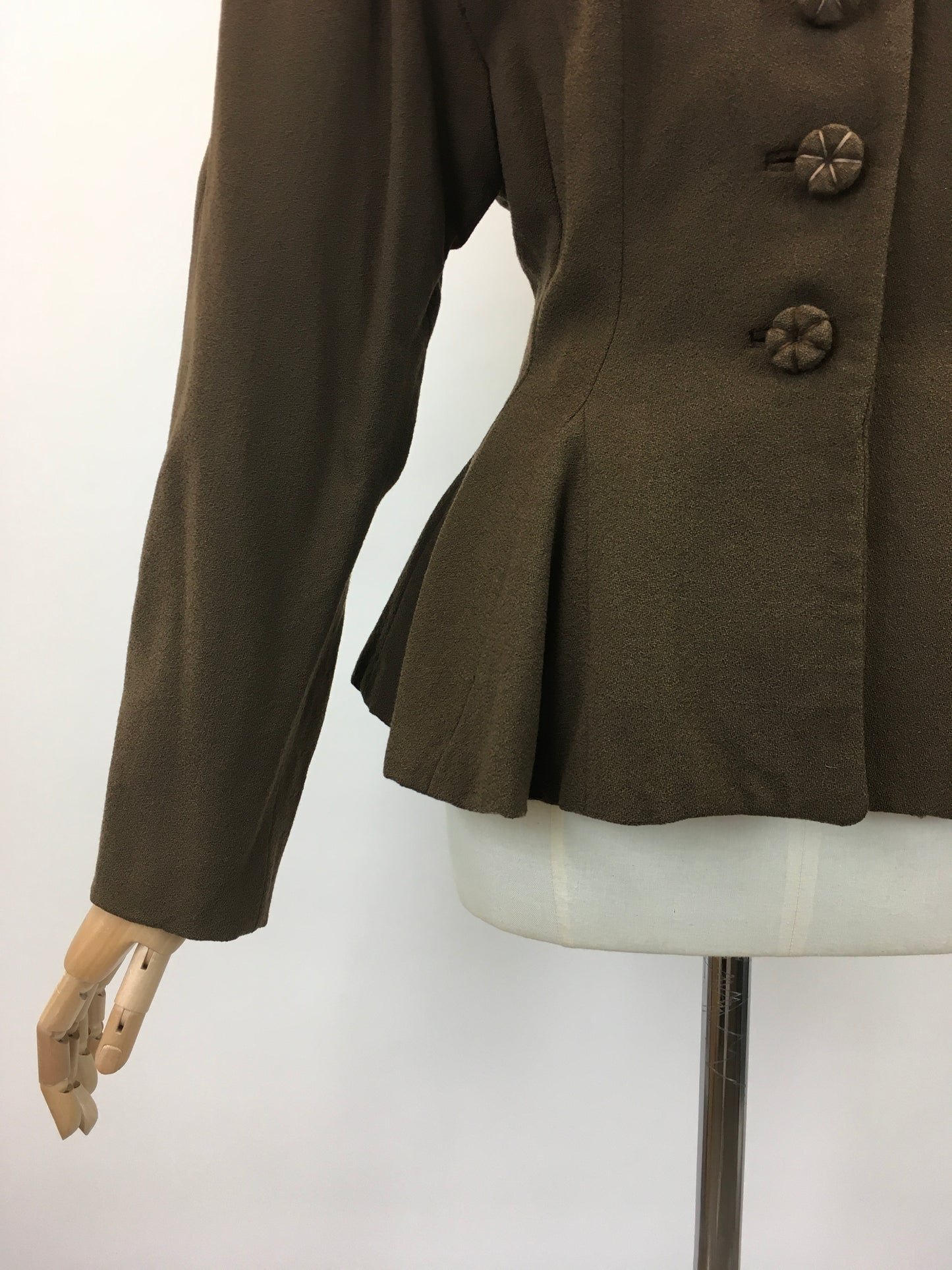 Original 1940's Stunning Crepe Jacket With Peplum - In Chocolate Brown with Flower Petal Buttons