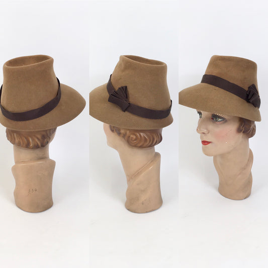 Original 1940's Beautiful Light Fawn Hat - Stamped ' Henry Pollack'