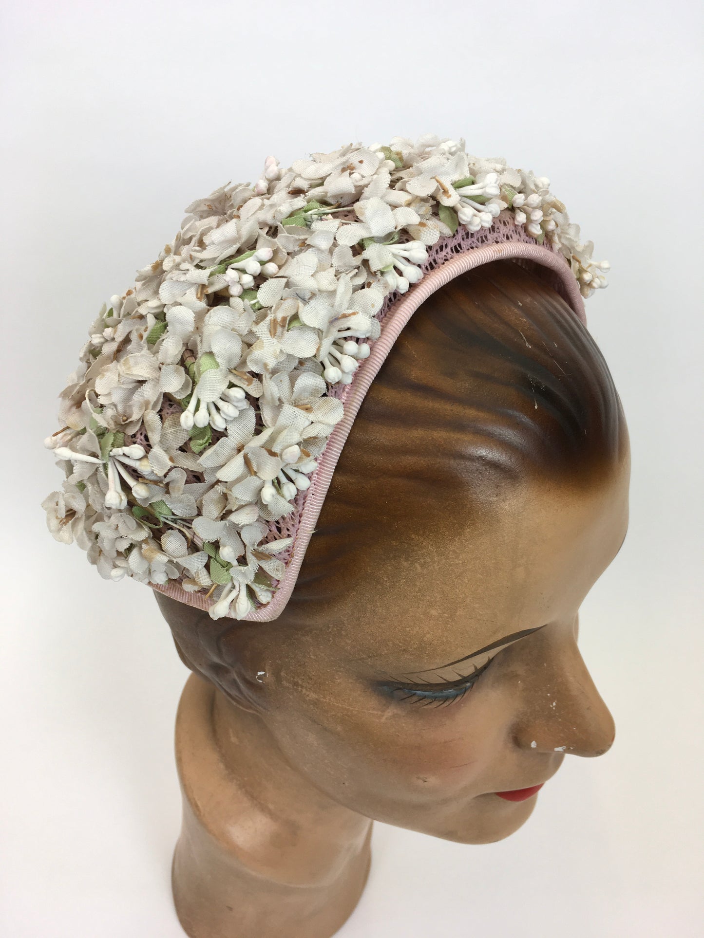 Original 1950s Darling ‘ Marten’ Hat - Made in A Dusky Pink with Ivory Florals and Soft Green Leaves