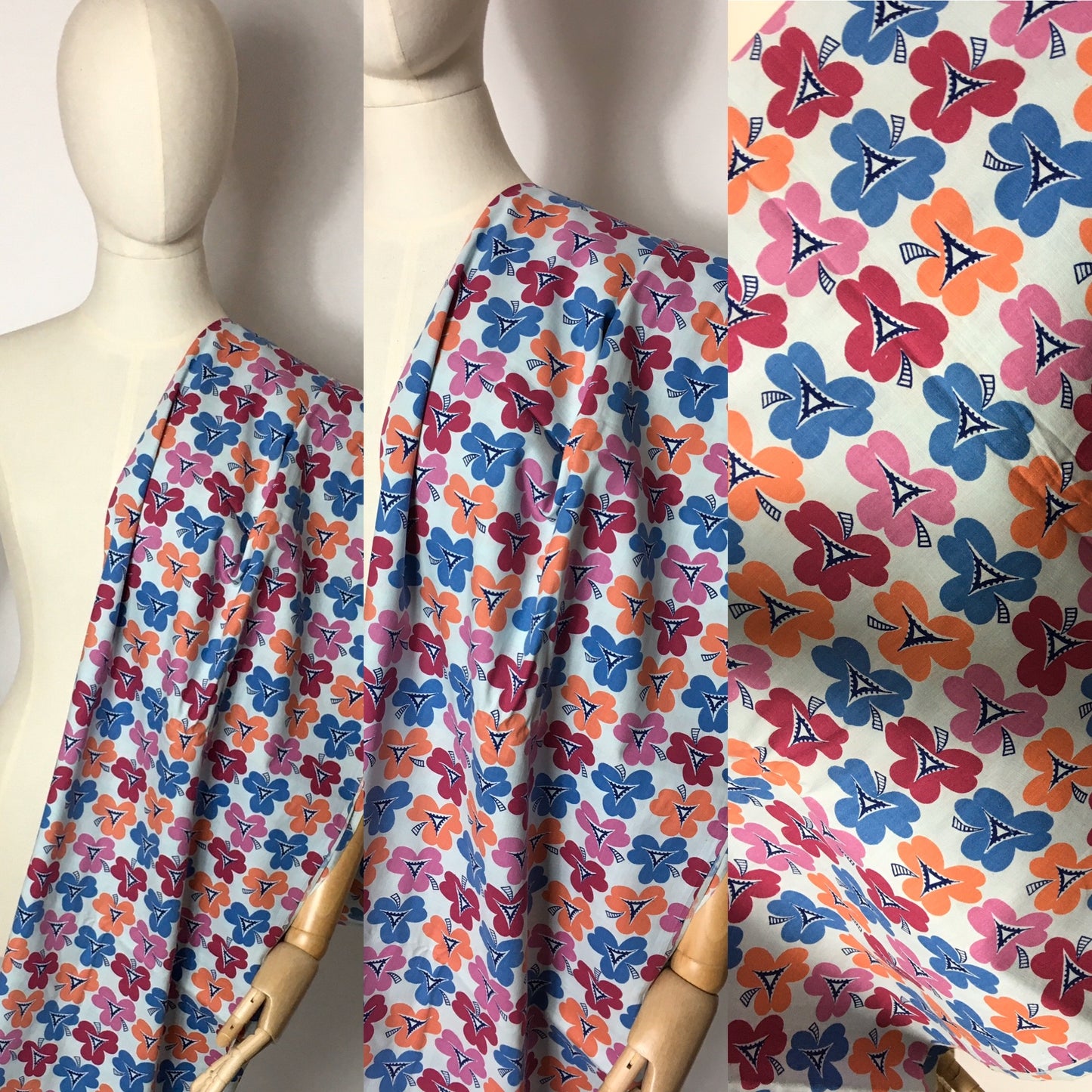 Original 1950s Cotton Novelty Dress Fabric - Featuring Clovers / Windmill Pattern in Bright Oranges, Pinks and Blues