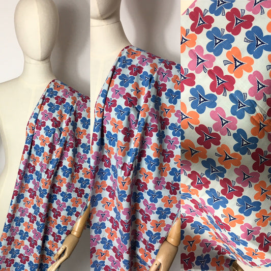 Original 1950s Cotton Novelty Dress Fabric - Featuring Clovers / Windmill Pattern in Bright Oranges, Pinks and Blues