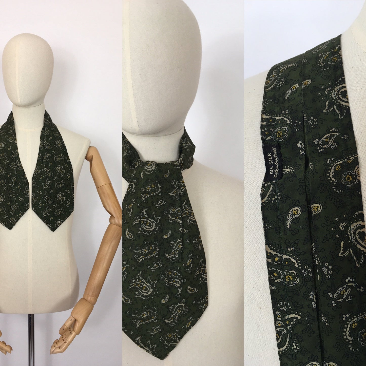 Original Men’s ‘ All Silk’ Cravat - In a Fabulous Forest Green with Cream and Yellow Paisley