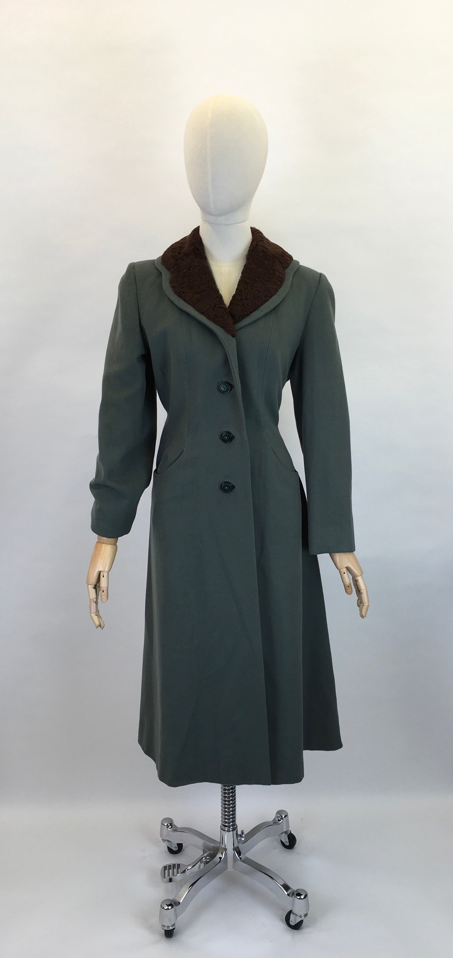 Original 1940s Duck Egg Wool Princess Coat with Fur Trim Stunning 40’s Silhouette