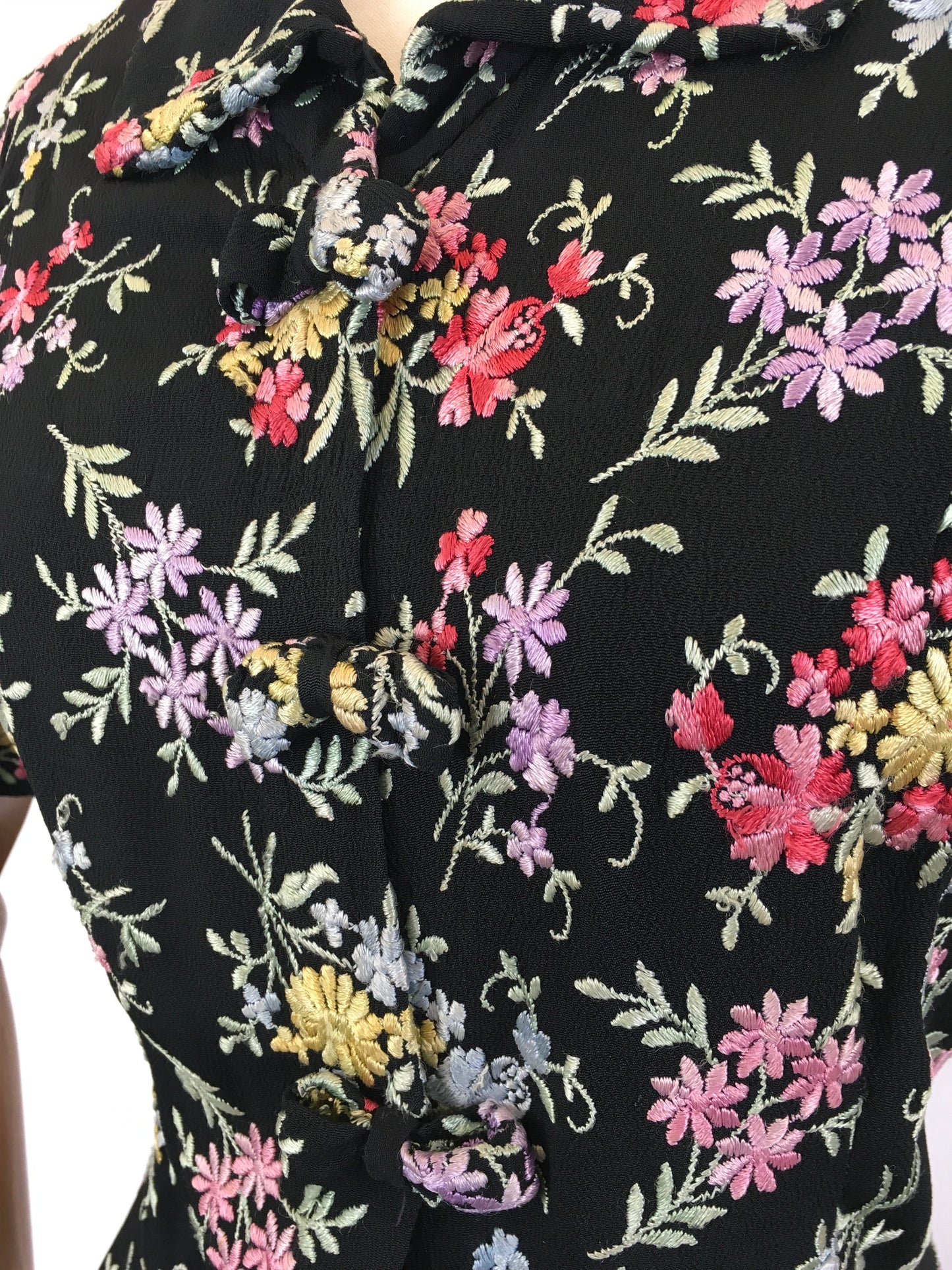 Original 1930’s Black Crepe Embroidered Blouse with Bows - In A Wild Flower Meadow Colour Pallet