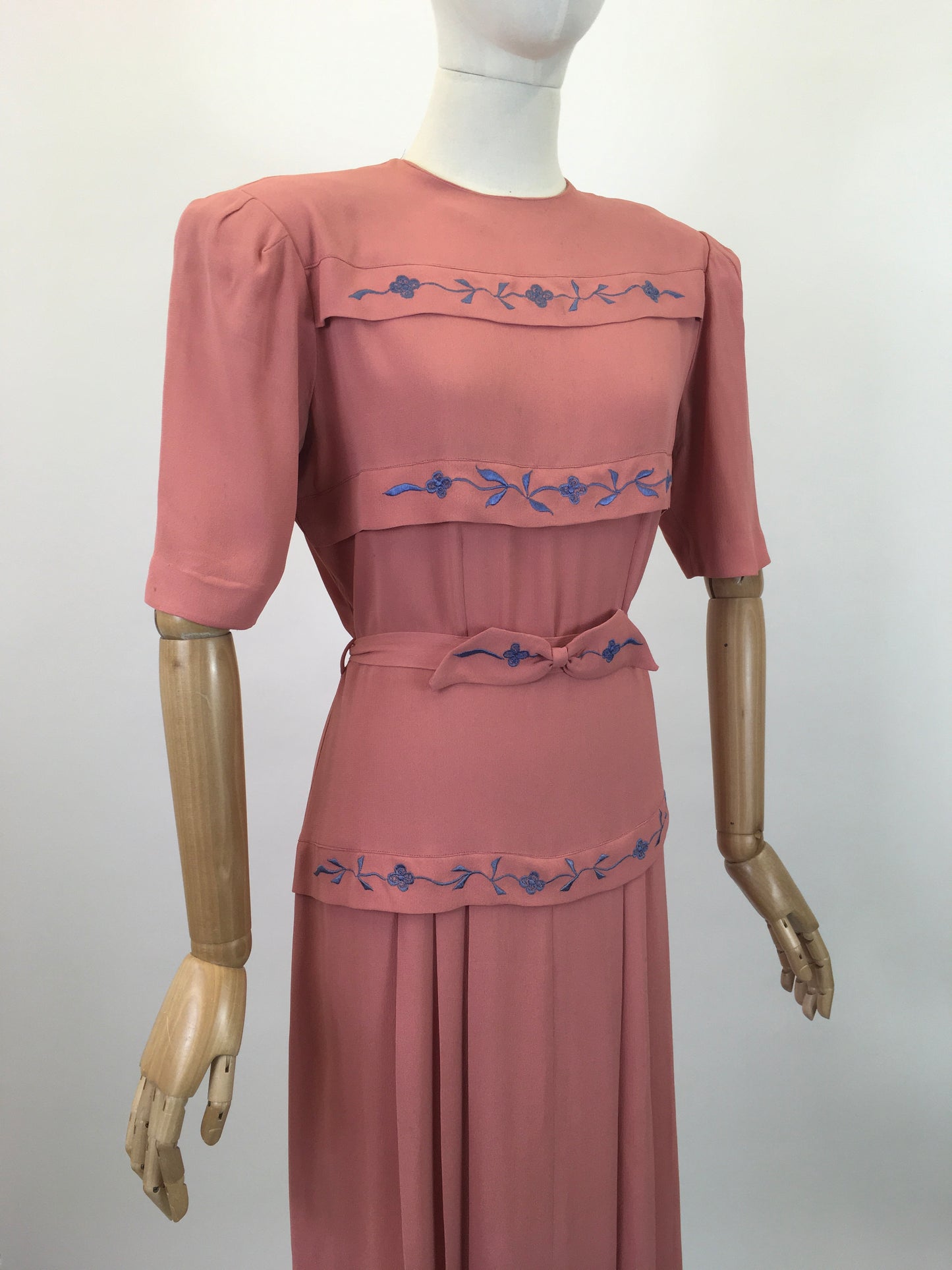 Original 1940's Stunning Blush Crepe Dress with Embroidered Details in Forget Me Not Blue - ' A Frederick Gown Label'