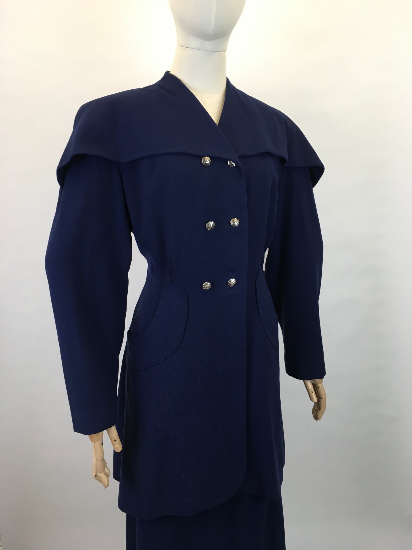Original 1940s STUNNING Navy 2 pc Suit - With PHENOMENAL Long Line Silhouette and Cape Style Overlay