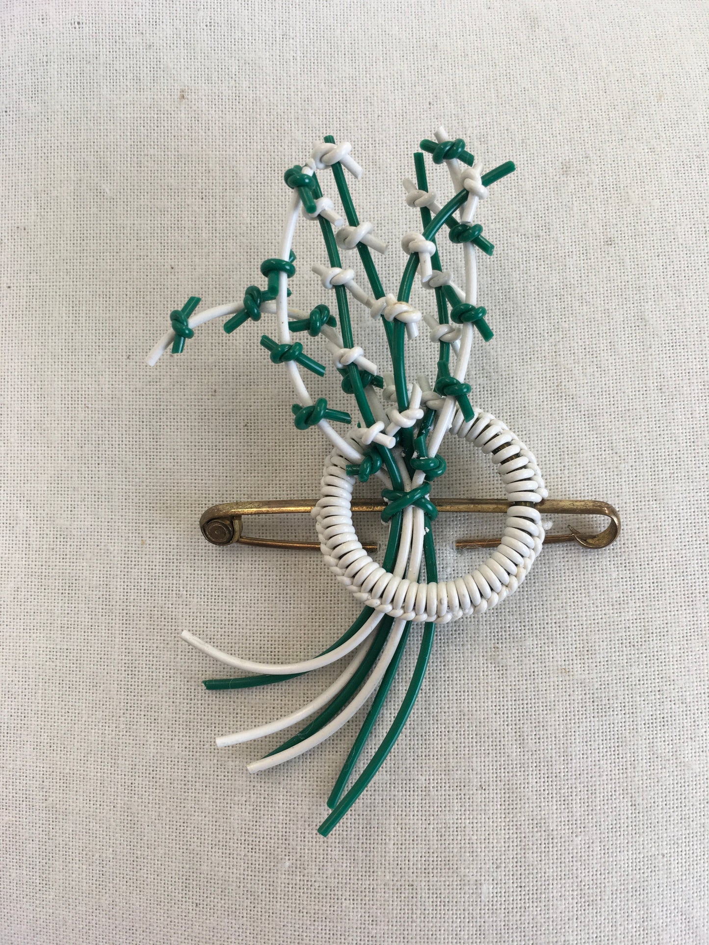 Original 1940’s Make do And Mend Telephone Cord Brooch - In Jade Green & White