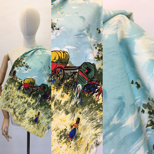 Original 1950s Novelty Cotton Fabric - Featuring Stagecoach’s, Horses, People and Landscape