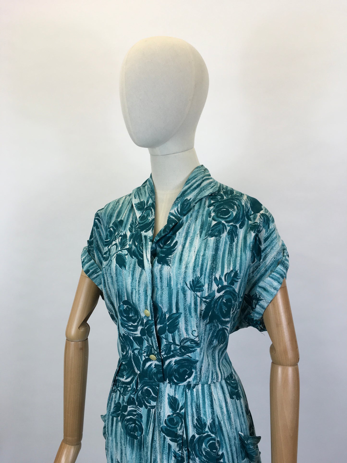 Original 1950’s VOLUP Cotton Day Dress - In A Lovely Rich Teal Colour Floral