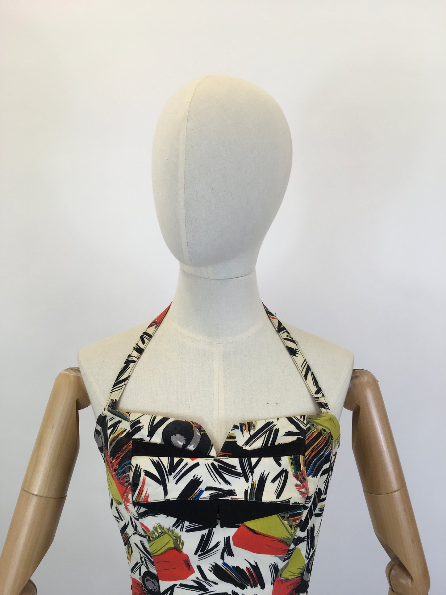 Original 1940’s Bathing Costume in A Fabulous Print - In Painted Black, Chartruese, Orange, White and Teal