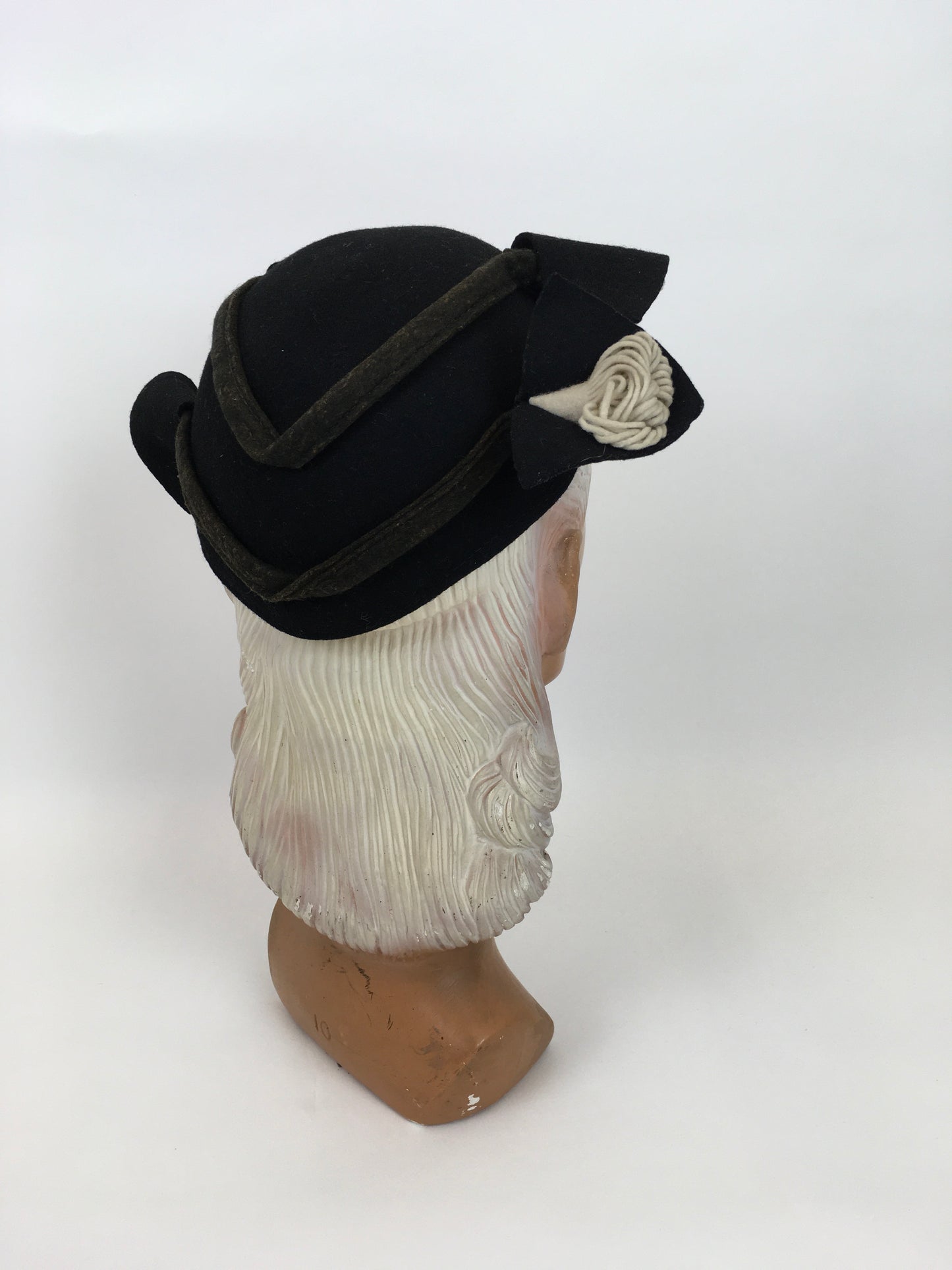 Original 1940s ‘ Henry Pollack ‘ Black Felt Hat - With Ivory and Black Felt Adornments