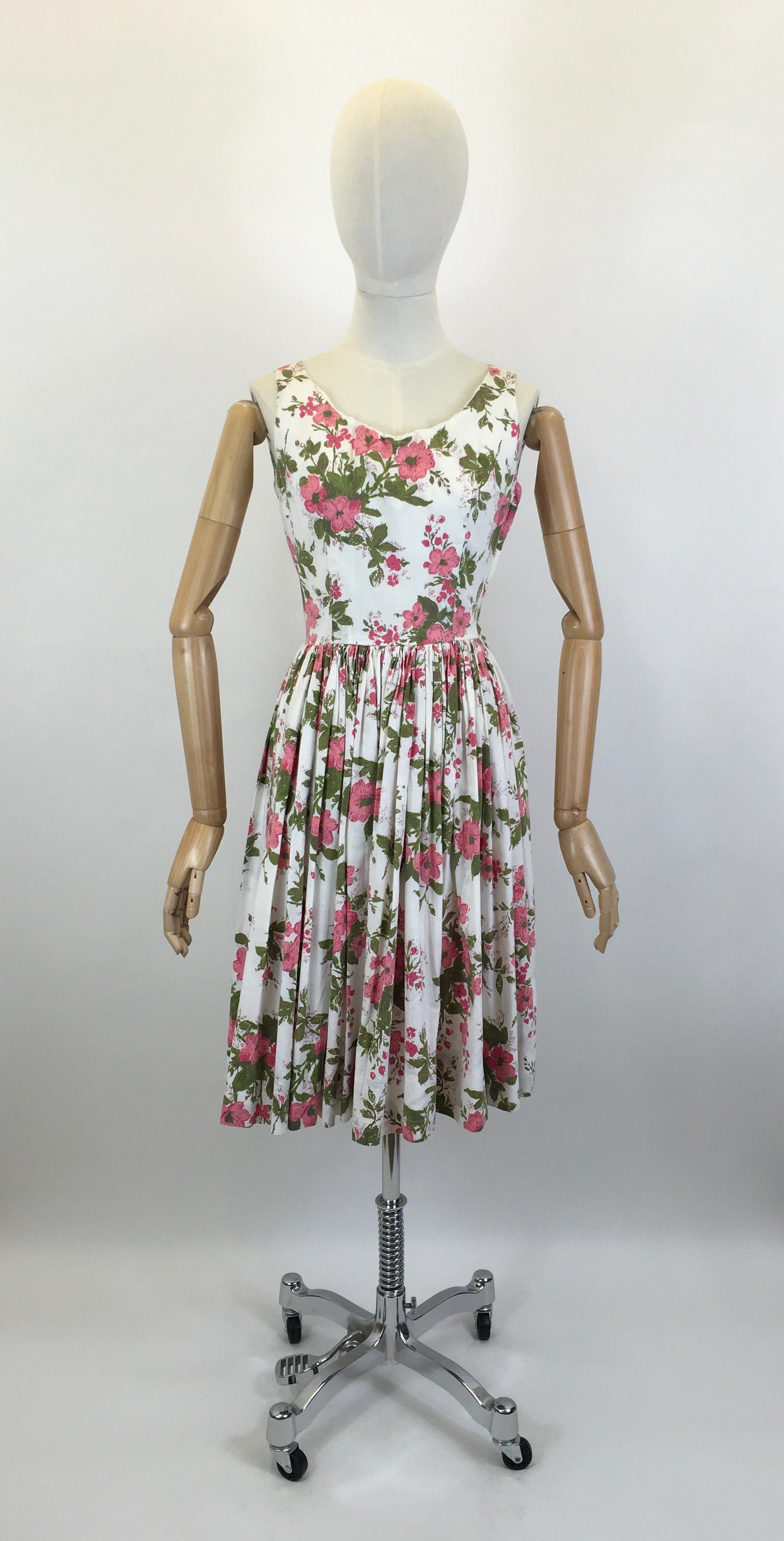 Original 1950’s Darling Cotton Sundress - In A Pink Floral with Green Fauna
