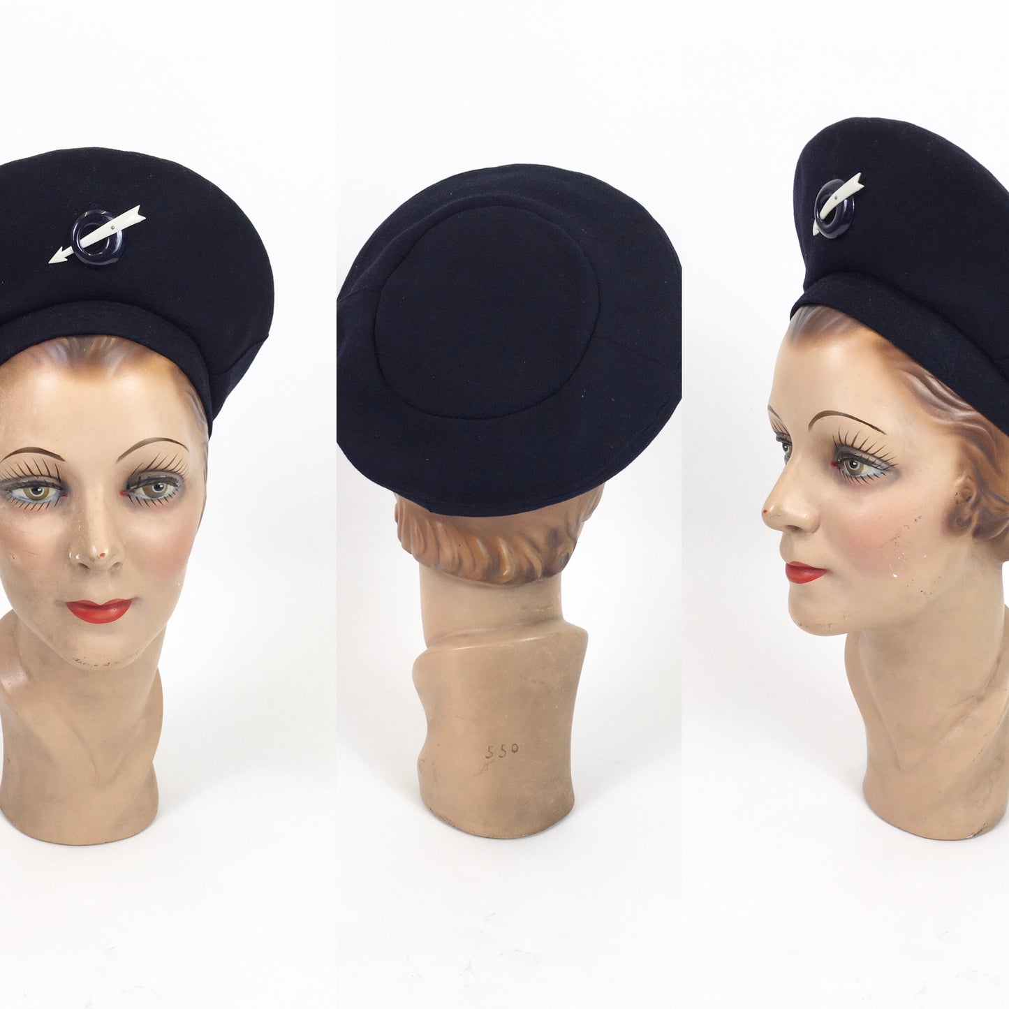 Original Stunning 1940’s Navy Halo Hat - With Cream And Midnight Blue Hat Flash