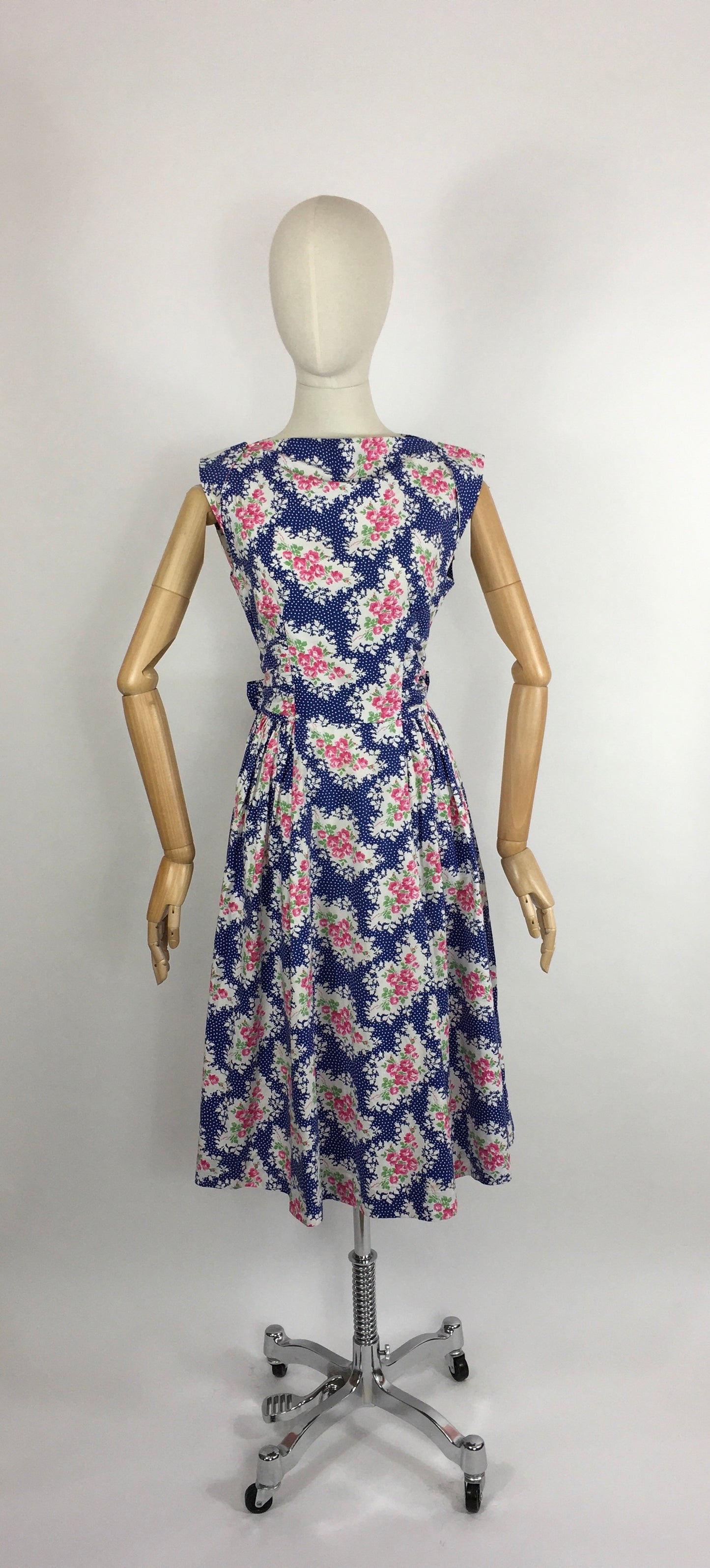 Original 1950s Darling Floral Day Dress - In a Beautiful Crisp Cotton in Rich Blue, Powder Pinks, White and Grassy Green.