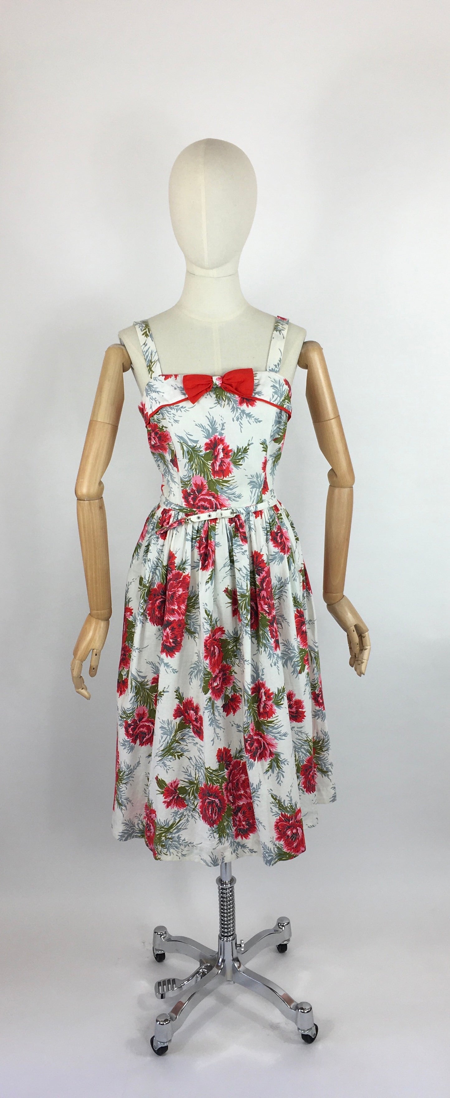 Original 1950s Floral Sun Dress with Contrast Bow and Piping - Beautiful Carnation Print Cotton in Bright Reds, Corals and Greens