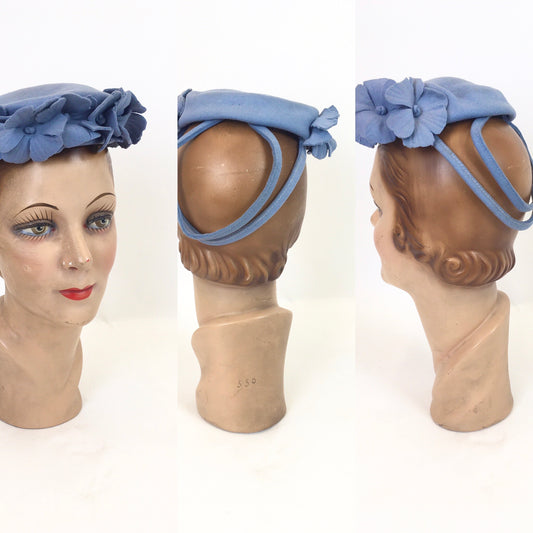 Original 1940’s New York Creations Felt Topper Hat - With Floral Adornment in Cornflower Blue