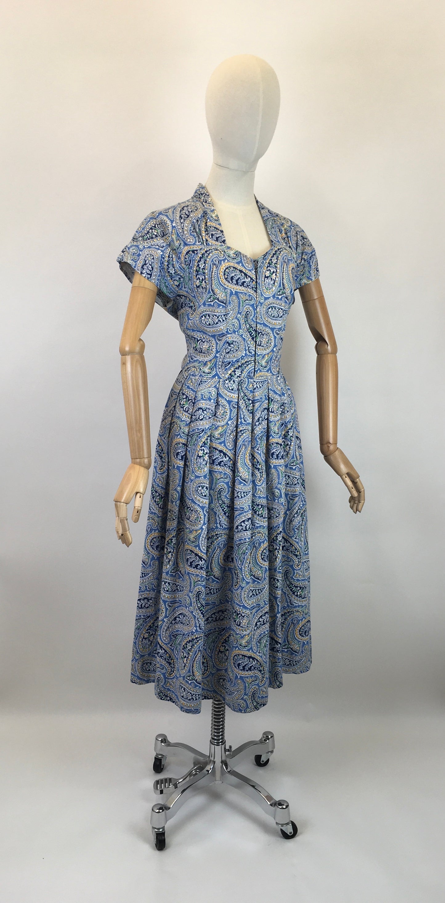 Original Late 1940’s Early 1950’s Cotton Day Dress - In A Paisley Print in Powder Blue, Navy, Yellow and Bottle Green