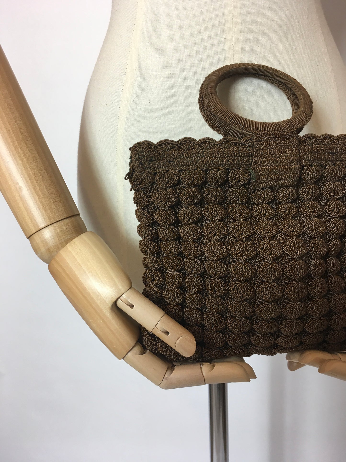 Original 1930’s Brown Popcorn Crochet Handbag - Festival of Vintage Fashion Show Exclusive