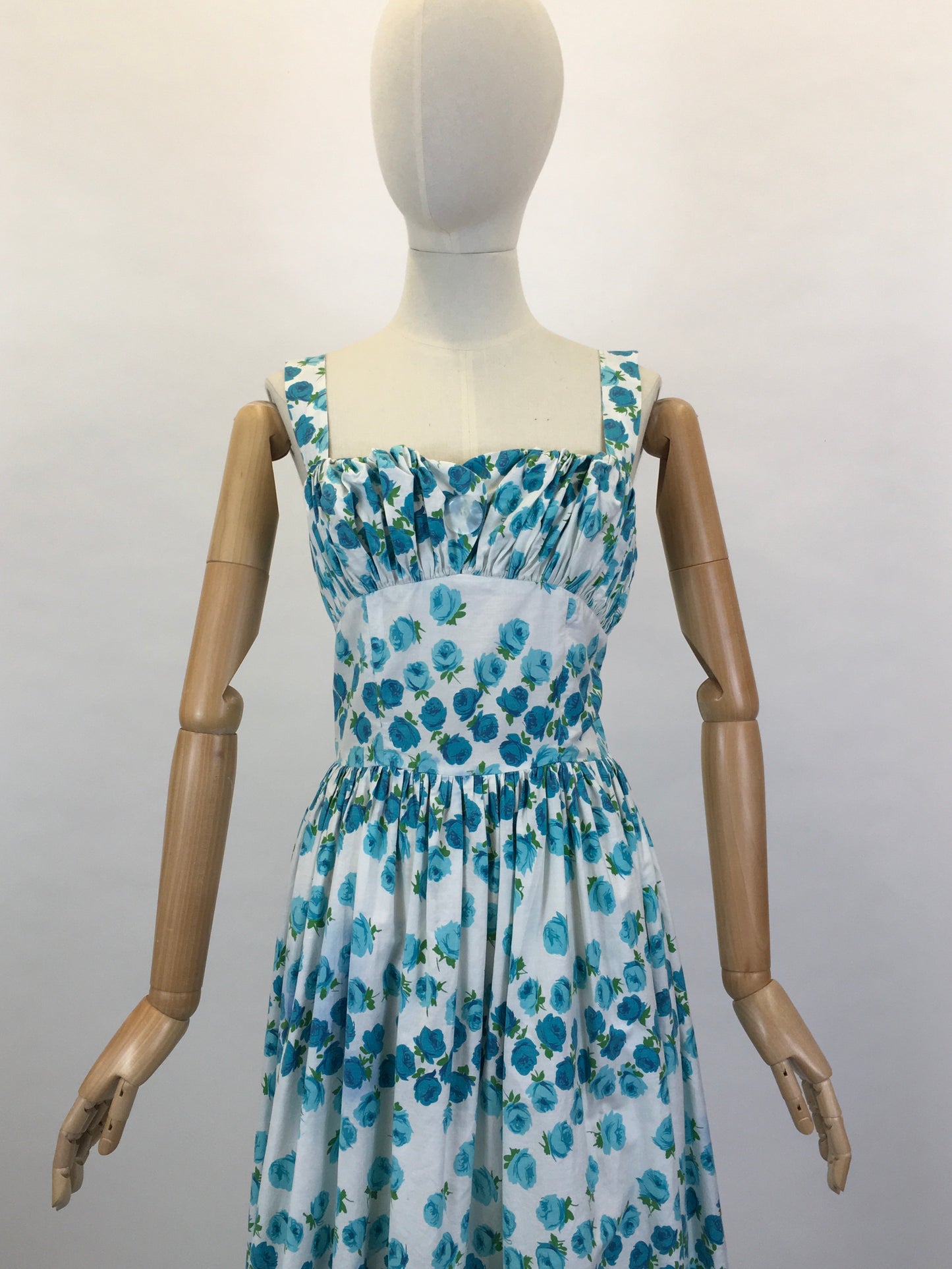 Original 1950’s Gorgeous Sun Dress - In A Beautiful Blue Rose Print Cotton