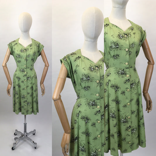 Original Late 1940’s ‘ St. Michael’ Cotton Day Dress - In a Beautiful Green and Black Stencilled Floral Print