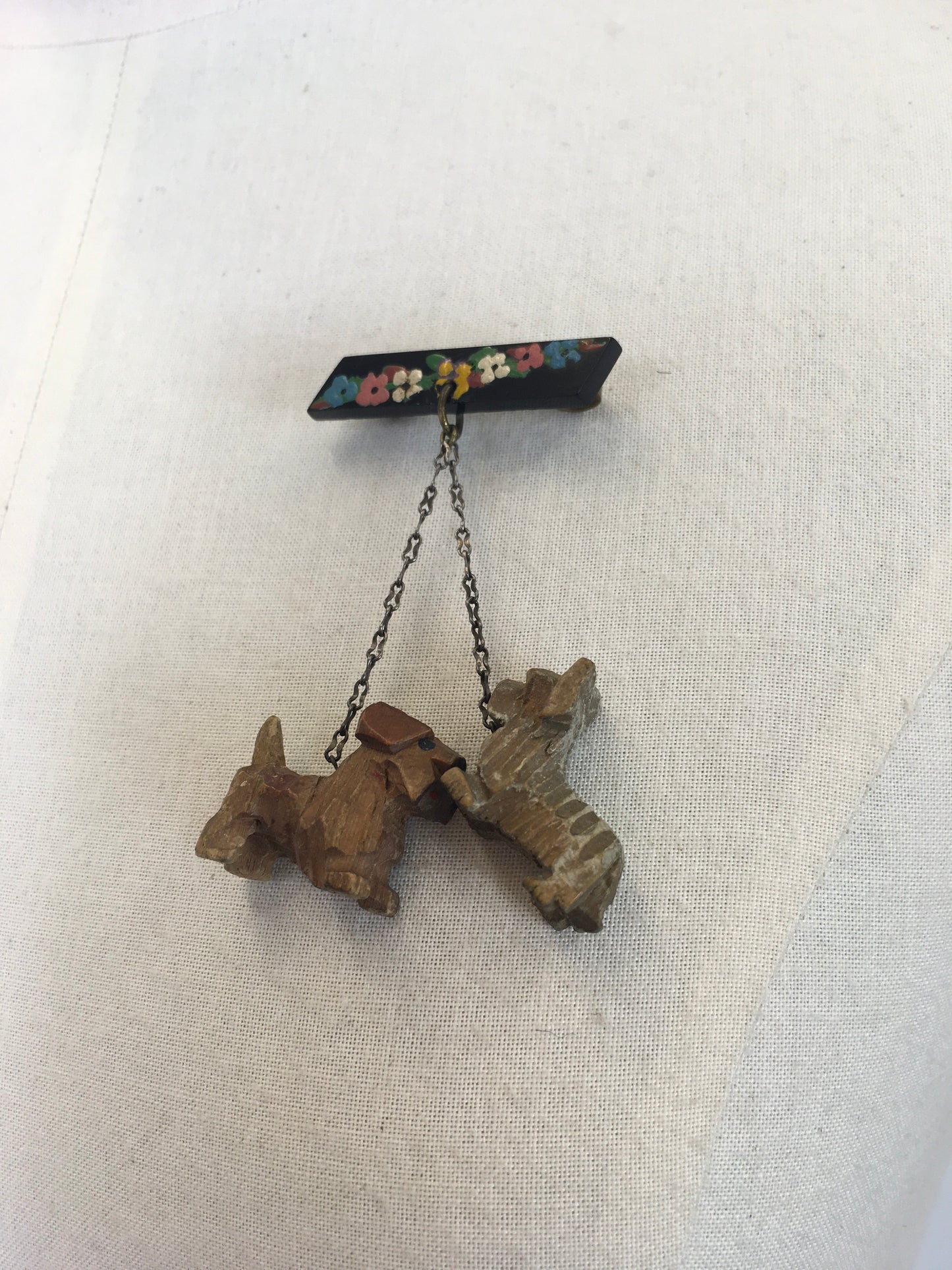 Original 1940’s Wartime Dangly Dog Brooch - With Handprinted Floral Detailing On The Bar