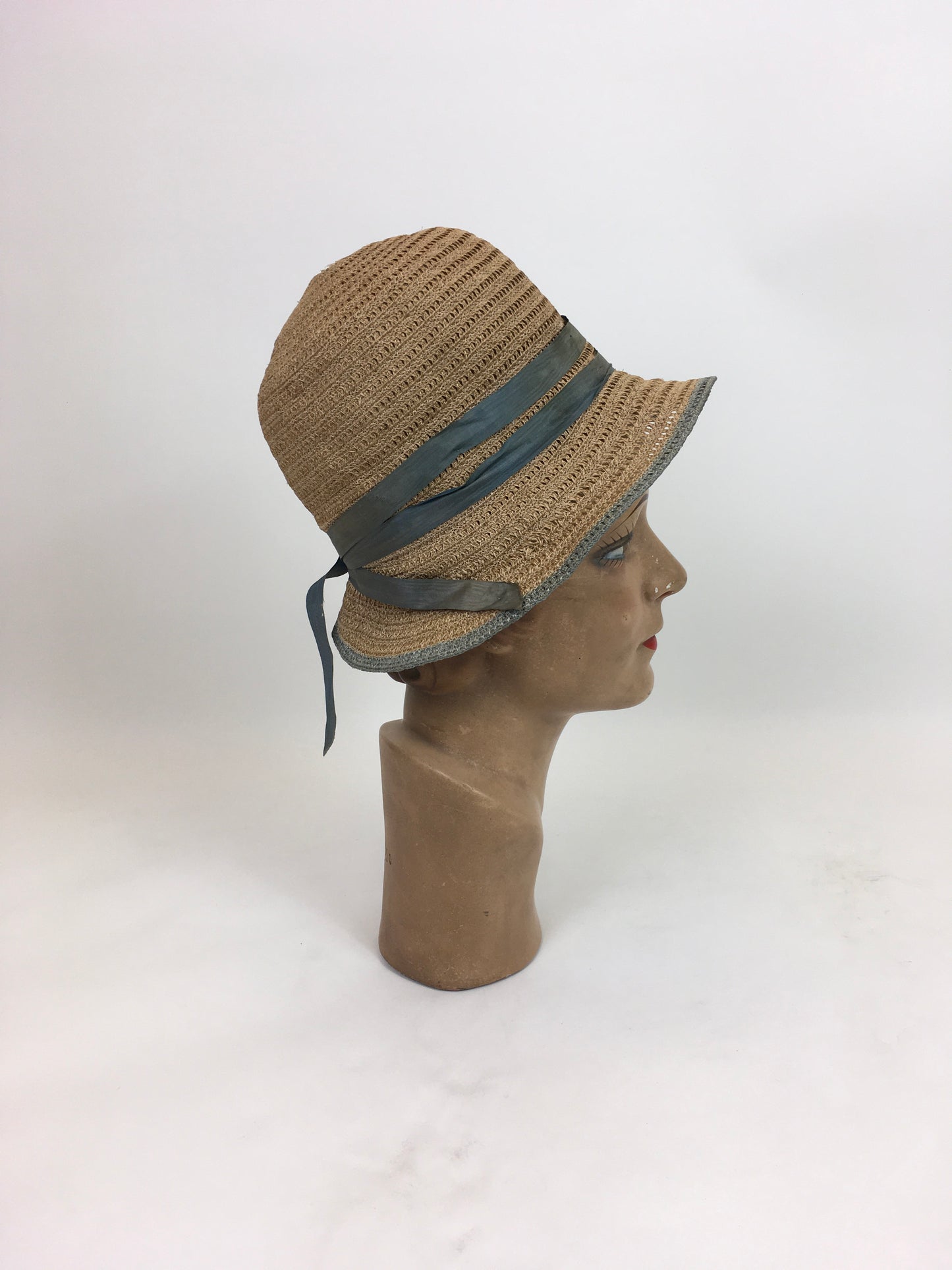 Original 1920's Sublime Natural Sisal Cloche - With Duck Egg Blue Trim and Wooden Ball Embellishment
