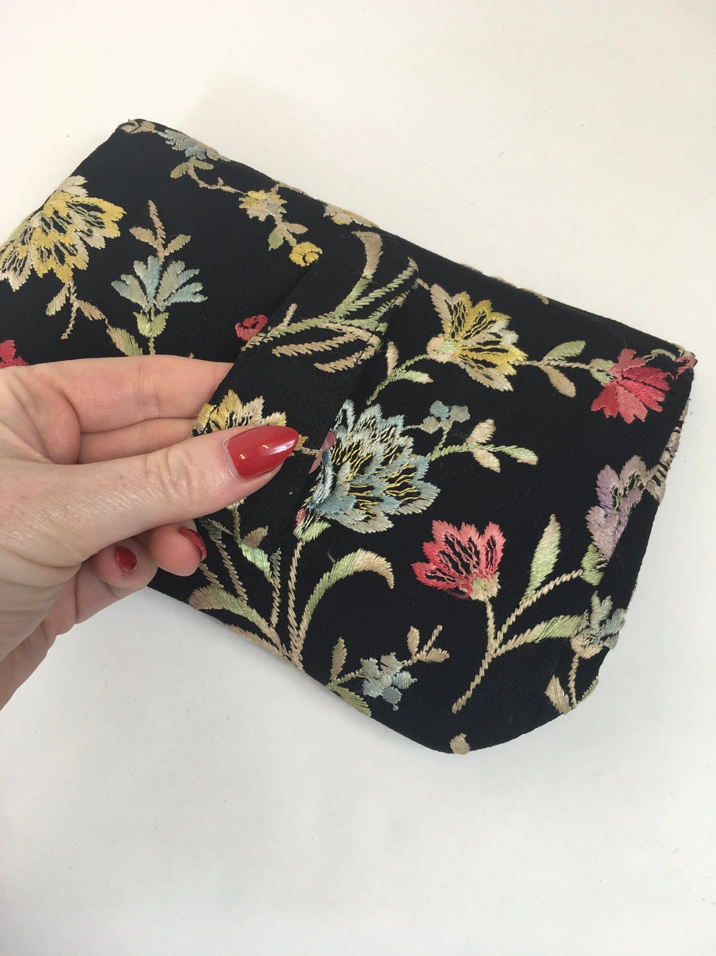 Original 1930's Exquisite Embroidered Crepe Clutch Handbag - In Black with Lilacs, Pinks, Pale Blues and Green