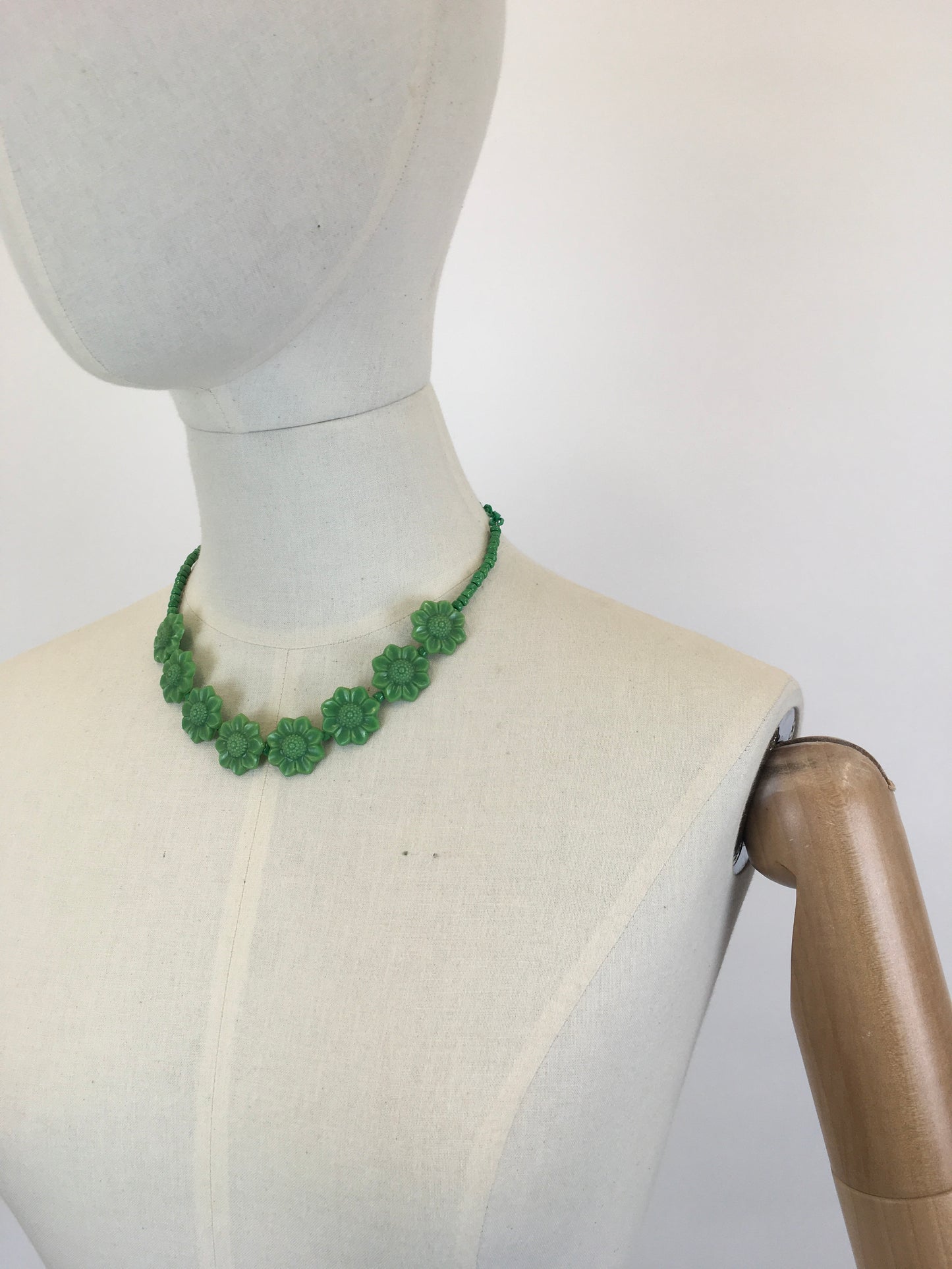 Original 1940’s Green Early Plastic Necklace - With Florals and Beads