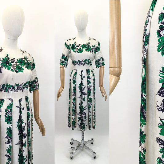 Original Stunning 1940's CC41 Utility Day Dress - In A Floral Moygashal Linen in Green, White & Black