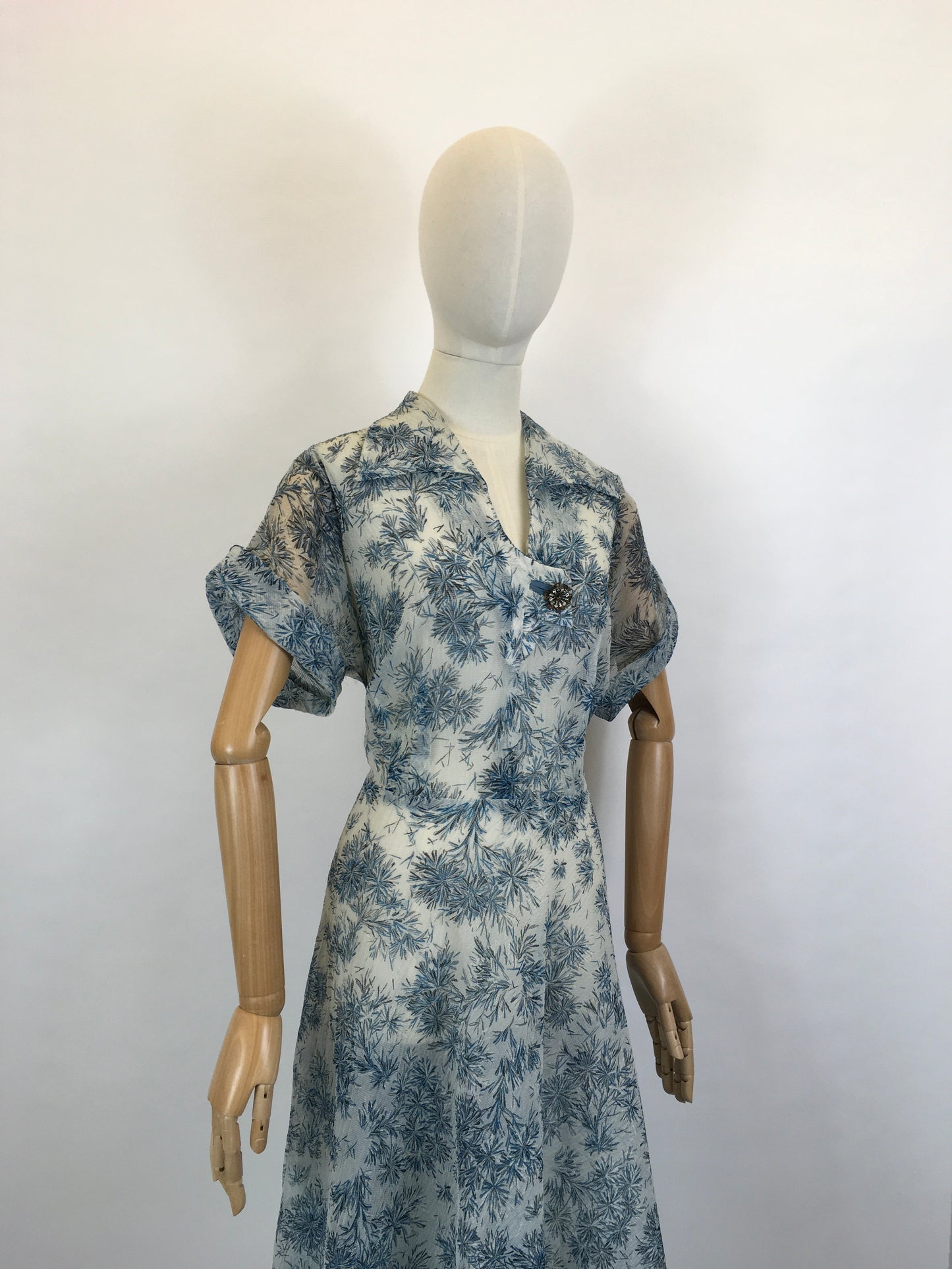 Original Early 1950’s Sheer Nylon Floral Dress - In A Lovely Soft Blue Floral