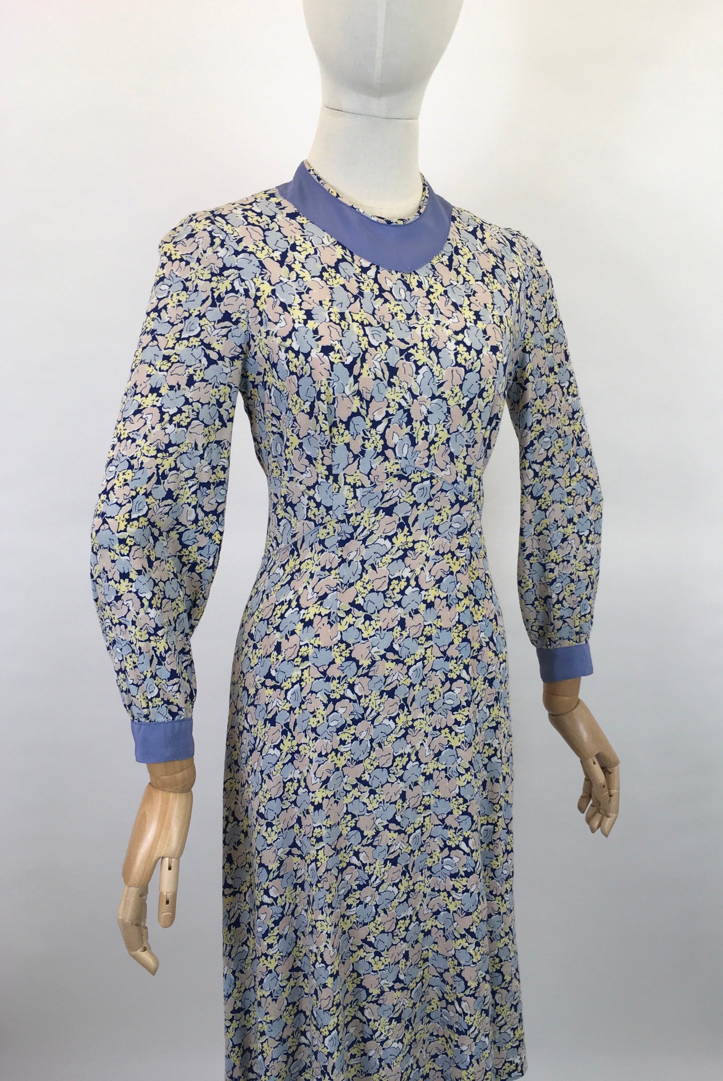 Original 1930’s Crepe Floral Day Dress - In A Pallet of Soft Pastels : Powdered Blue, Delicate Rose and Buttery Yellow