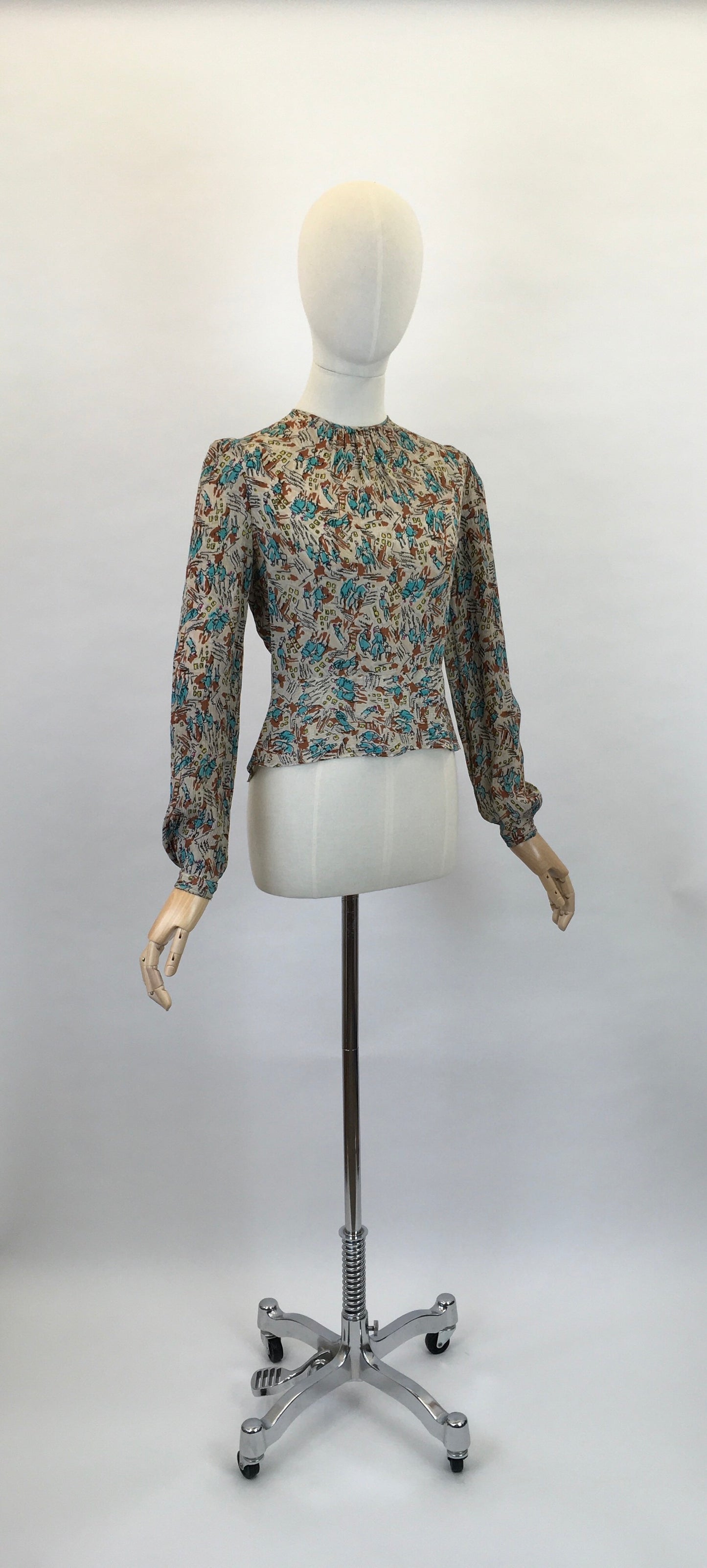 Original 1940’s ‘ Maxton’ Novelty Print Crepe Blouse - Featuring People, Buildings and Scribbles