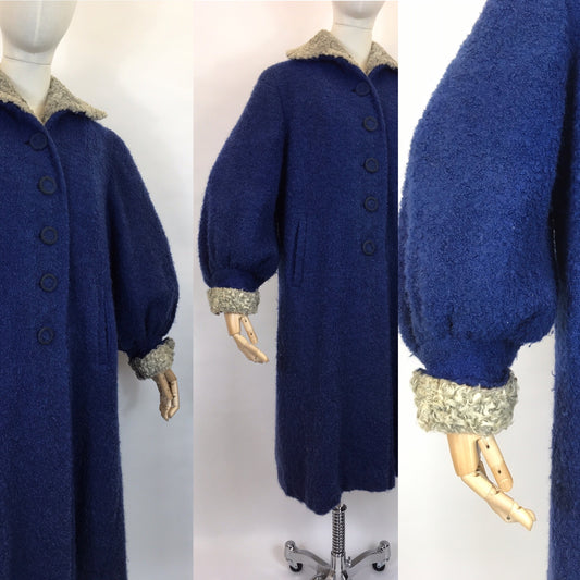 Original 1940’s Amazing Boucle Wool Coat with Astrakhan Trim - In a Royal Blue and Soft Grey