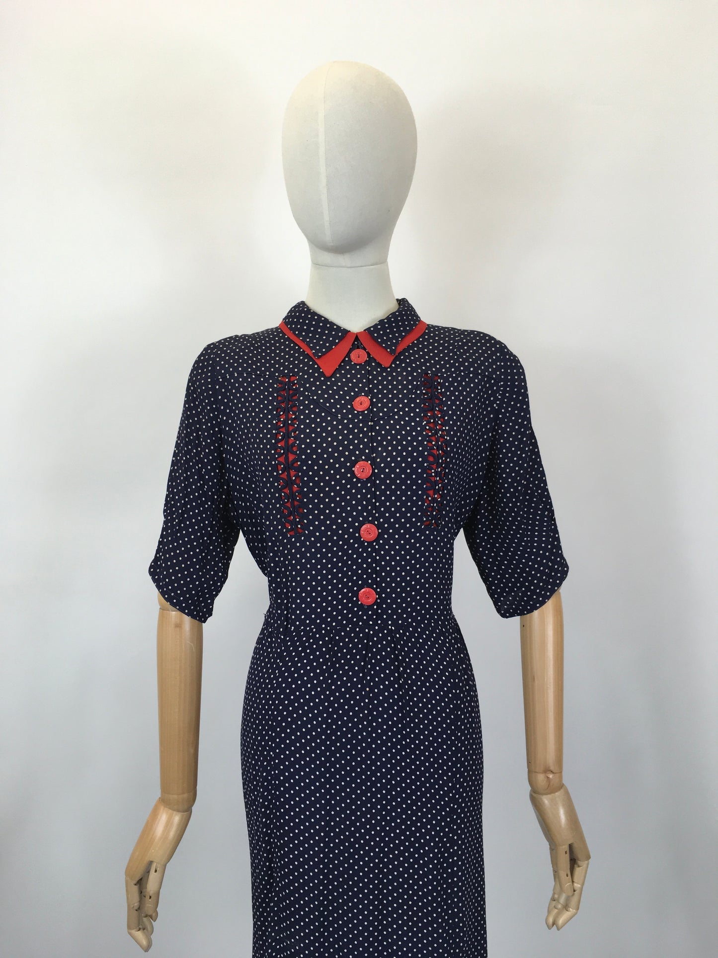 Original 1940's Sensational Volup Rayon Dress - In Navy, White & Red with Contrast Fretwork Embelishment