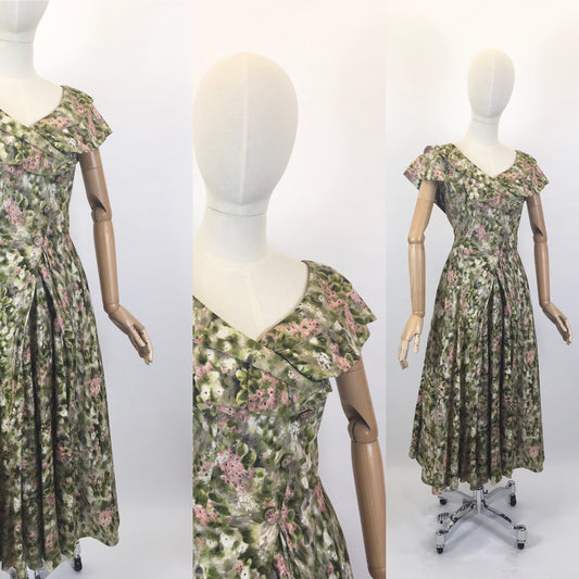 Original 1950’s Stunning Silk Party Frock - In A Beautiful Pink & Green Floral