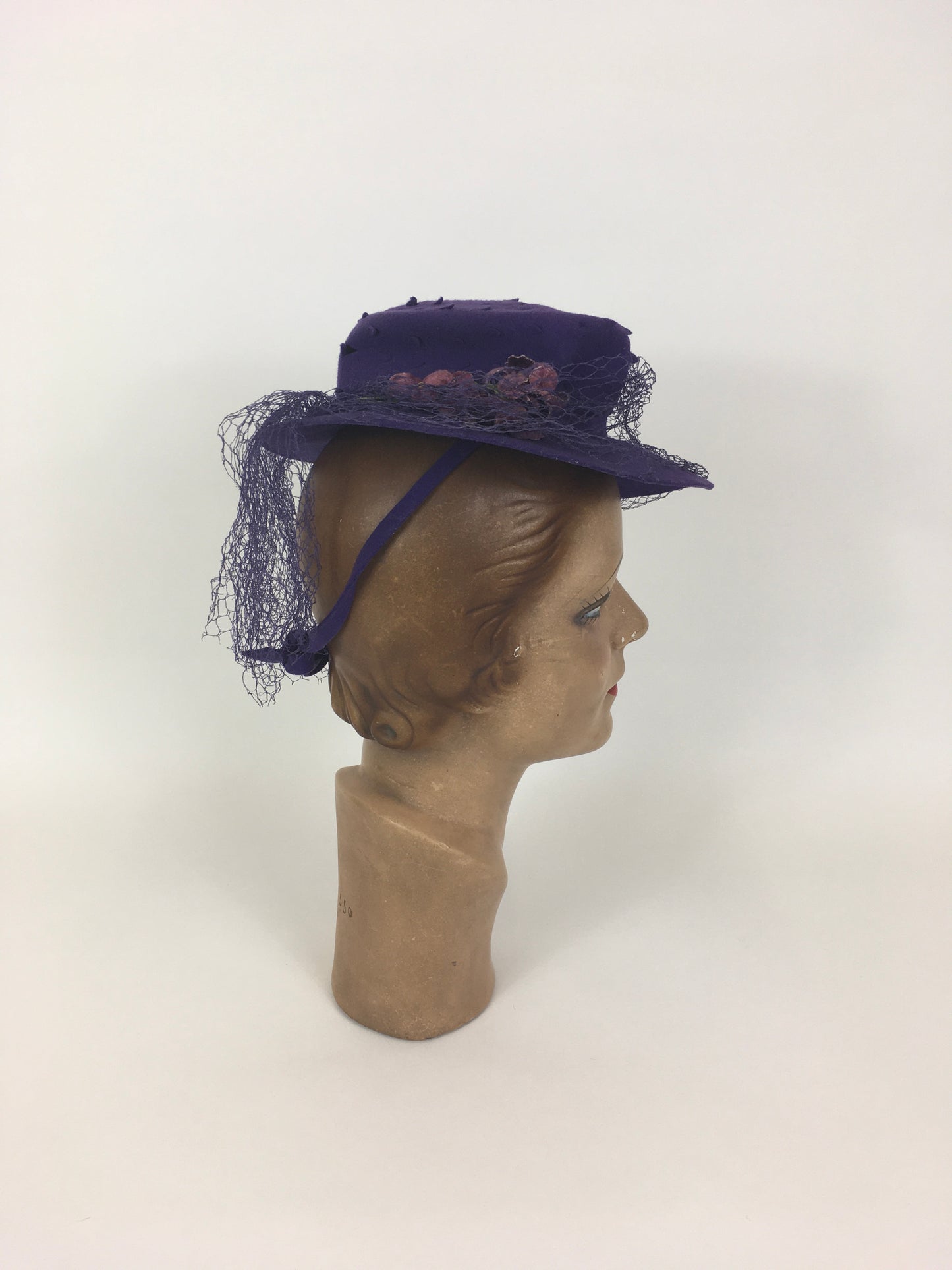 Original 1940’s SENSATIONAL Cadbury Purple Felt Topper Hat - With Cutwork Detailing, Millinery Flowers and Veiling