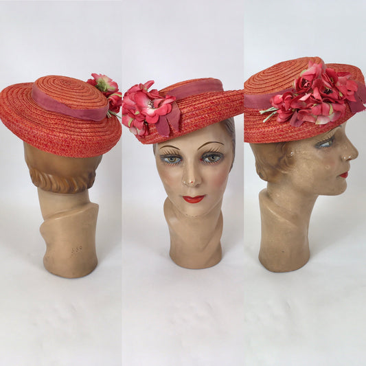 Original 1940’s Darling Straw Hat - In Coral & Red Adorned with Millinery Flora