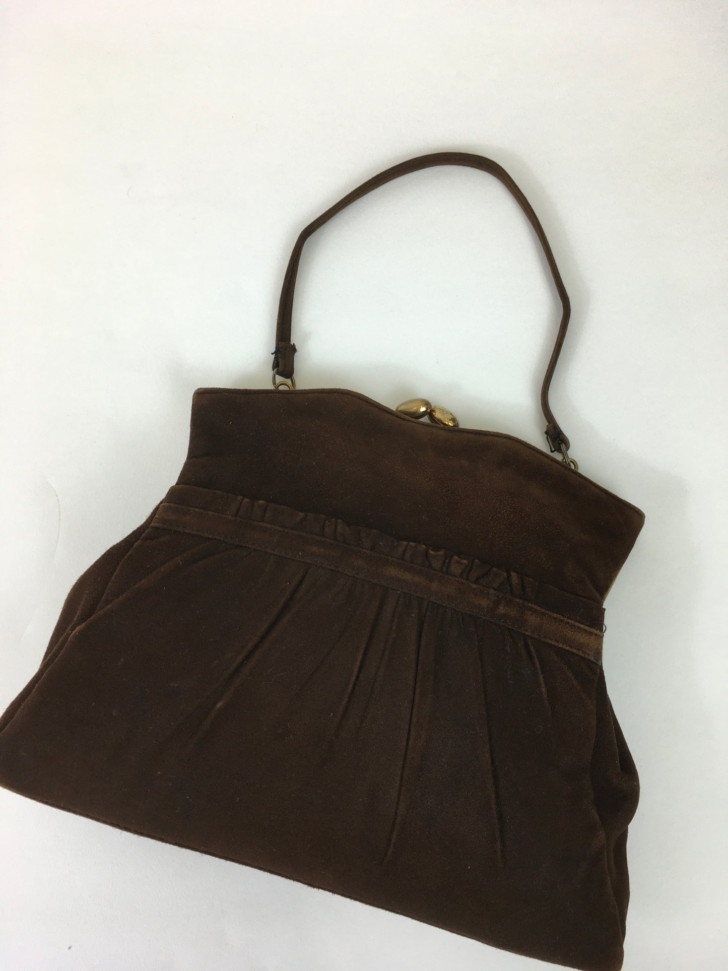 Original 1930s Darling Suede Handbag In Brown - Pleated Detailing To The Front