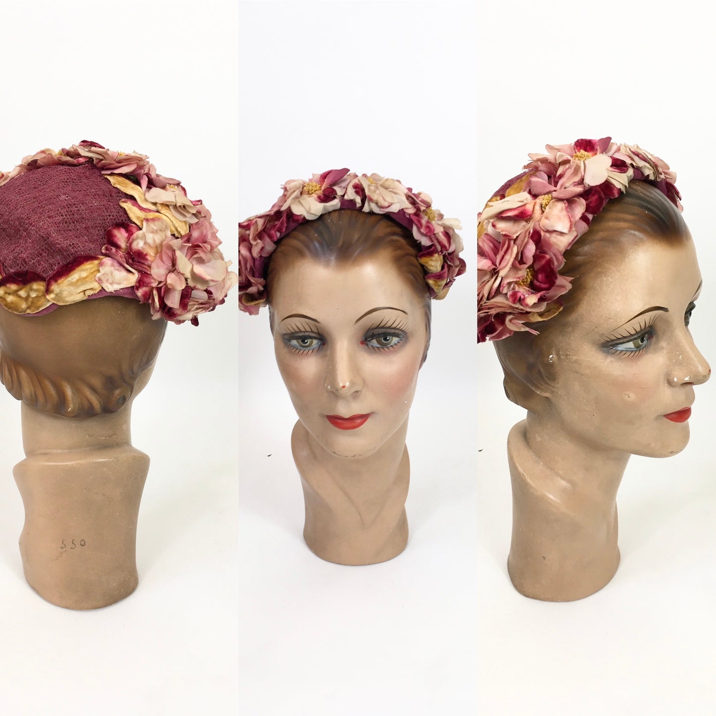 Original 1950’s Darling Floral Headpiece - In Pinks, Berries and Cranberries