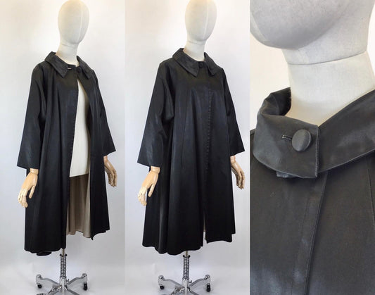 Original 1950’s Stunning Black Evening Coat - In A Lush Noir Sateen